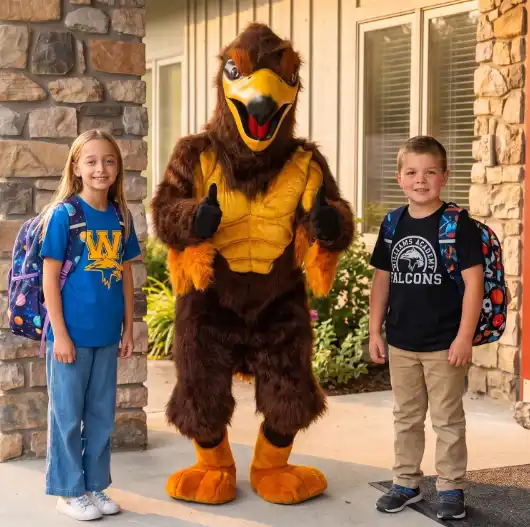 Freddy the Falcon mascot welcomes students